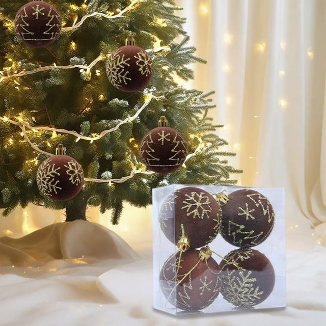 Adornos Navideños: Set de 4 Bolas Navideñas Nevadas | Adornos para Árbol de Navidad de Varios Estilos | Material Nevado Marrón | Tamaño: 6 Cm | 1 Unidad | Peso: 55 G