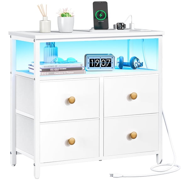 White Nightstand with 4 Drawers, LED Shelf & Charging Station