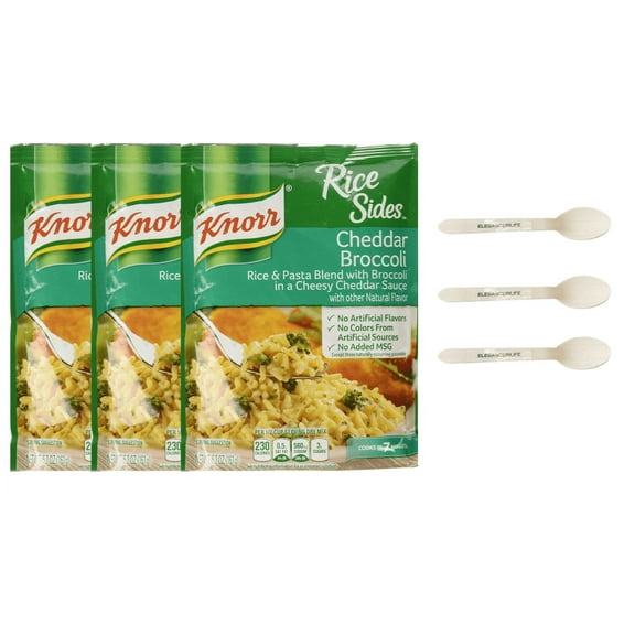 Knorr Rice Sides Dish, Cheddar Broccoli, 5.7 Oz, Pack Of 3 with 3pc Eleganceinlife Wooden Spoon