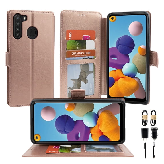 Value Pack   for Samsung Galaxy A21 Leather Phone Case Hybrid Wallet Kickstand Card Pocket Pouch Screen Flip Cover with Tempered Glass