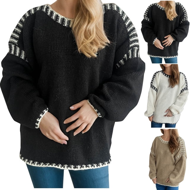 WRKEKC Chandails pour Femmes Automne Hiver Décontracté à Manches Longues Imprimé Tricot Chandail à Col Rond Motif Floral Cozy Chaud