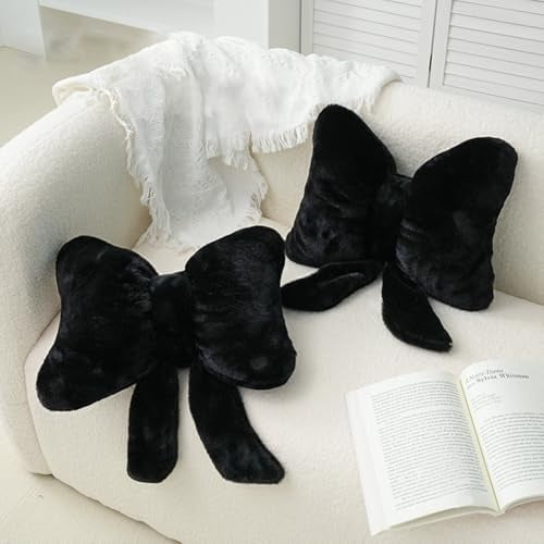 2Pack Soft Furry Bow Throw Pillows Cute Bowknot Plush Pillow Home Decor Stuffed Bow Lumbar Pillow for Bed Couch Living Room Decor (Black)