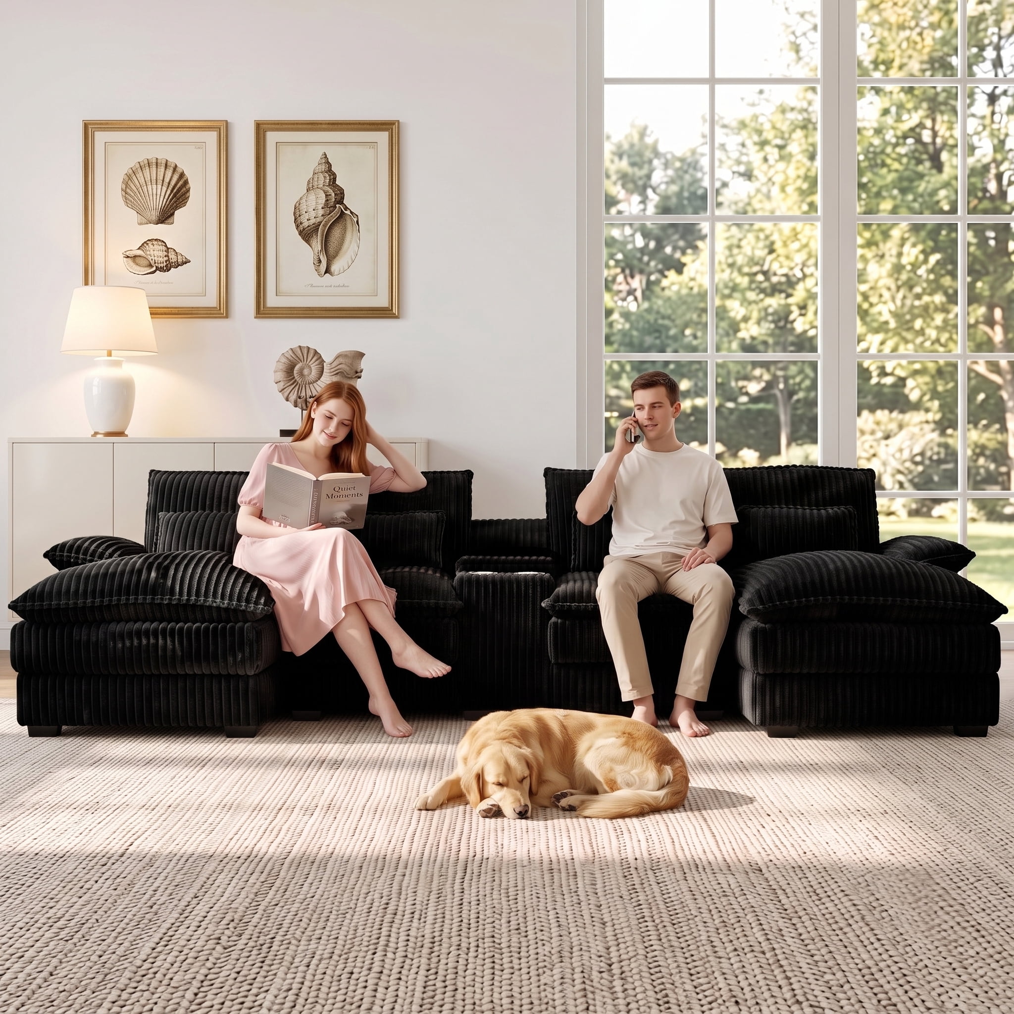 Avobird Oversided 124" U Shaped Cloud Couch Sectional, DeepSeat Sofa Bed with USB Charging, Hidden Storage, Cup Holders & Chenille Double Chaise, Black
