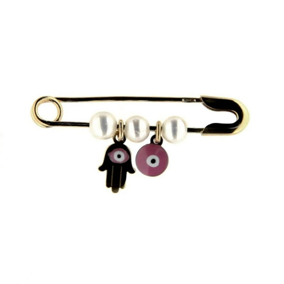 18K Yellow Gold Pink Enamel Hamsa and Pink Evil Eye Cultivated Pearls Safety Pin