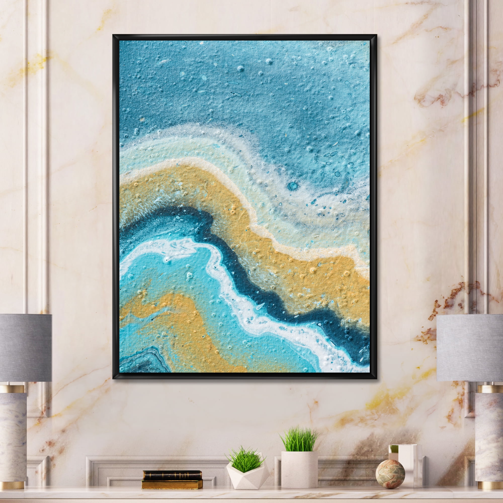 Designart 'Abstract Composition In Blue and Yellow VI' Modern Framed Canvas Wall Art Print
