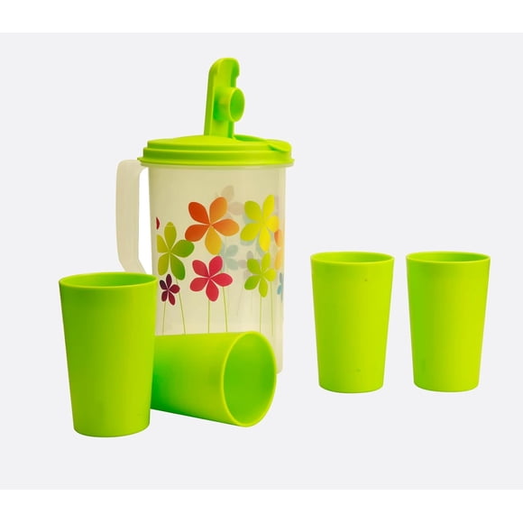 Pichet d'Eau en Plastique Imprimé 100 % de Qualité Alimentaire avec 4 Gobelets - 2 Litres, Vert / Ensemble de Vaisselle Incassable - Sans BPA, Étanche, Va au Congélateur, Antidérapant