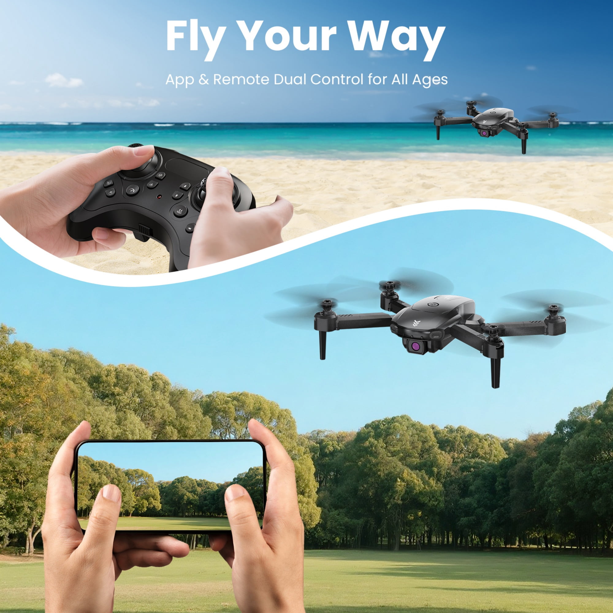 AUOSHI FPV Camera Drone with Dual Lens, Foldable Quadcopter, Optical Flow Hover, 30-Min Air Time, App & Remote Control, Stable Flying, A Great Gift for New Pilots