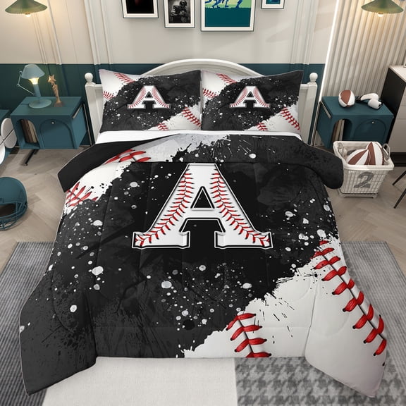 jejeloiu Letter A Monogrammed Bedding Comforter Set,Baseball Sport Game Twin Comforter Sets,Black Splashing Ink Bedding Set For Girls,Microfiber Room Decorative Reversible,2 Pieces