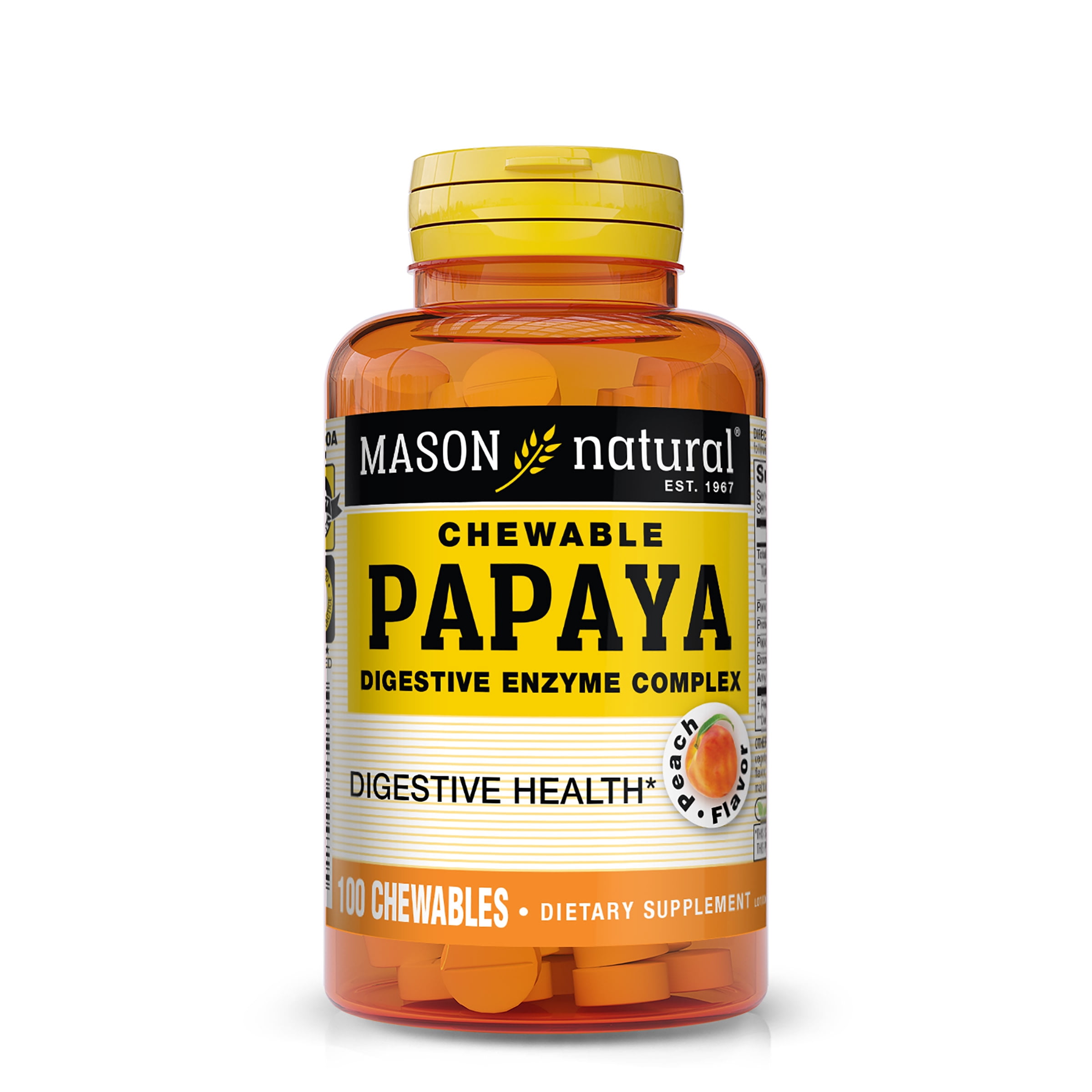 (3 pack) Mason Natural Papaya Digestive Enzymes Complex with Papain, Bromelain & Pancreatin, Peach Flavor, 100 Chewable Tablets