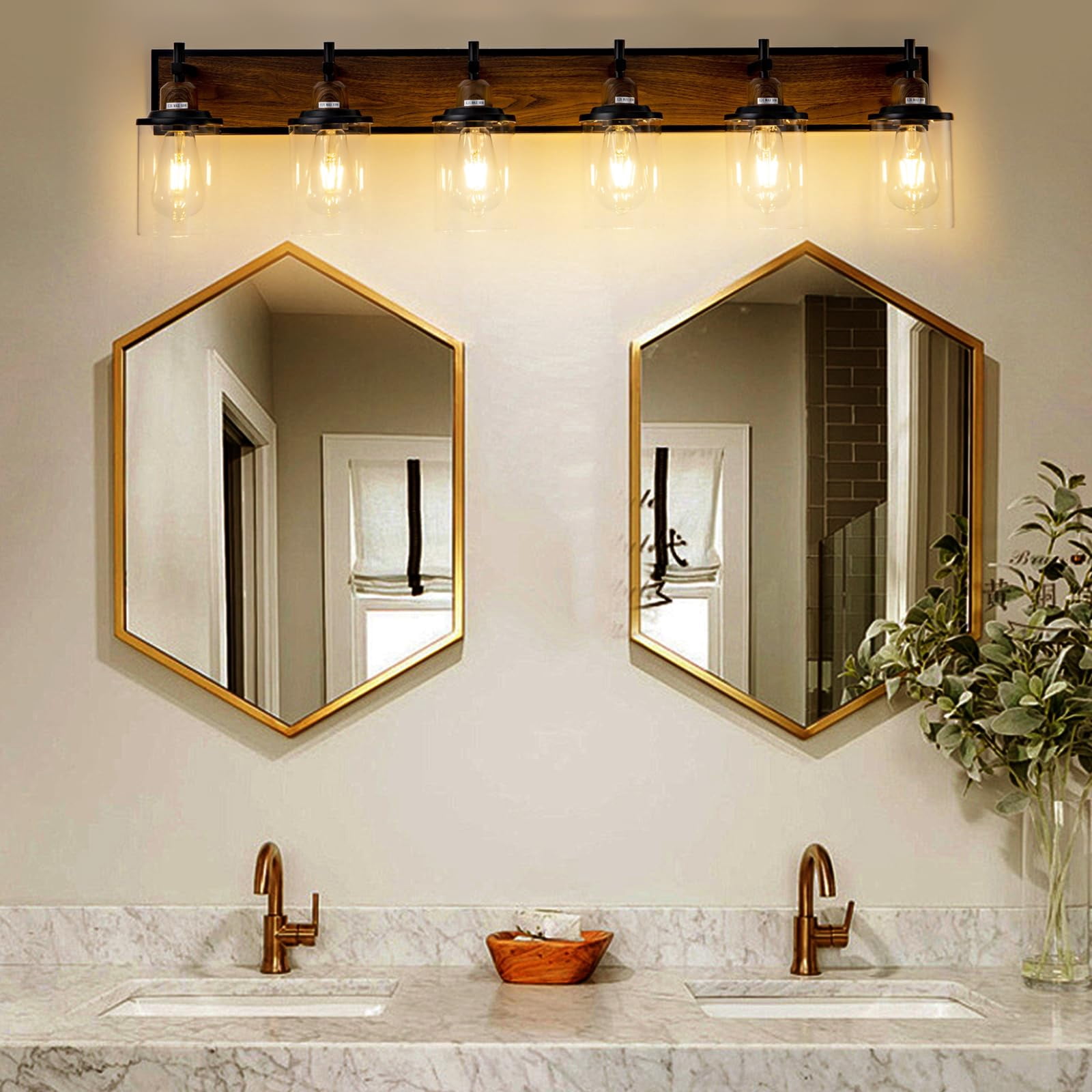6-Light Black and Wood-painted Vanity Light Farmhouse Bathroom Fixture