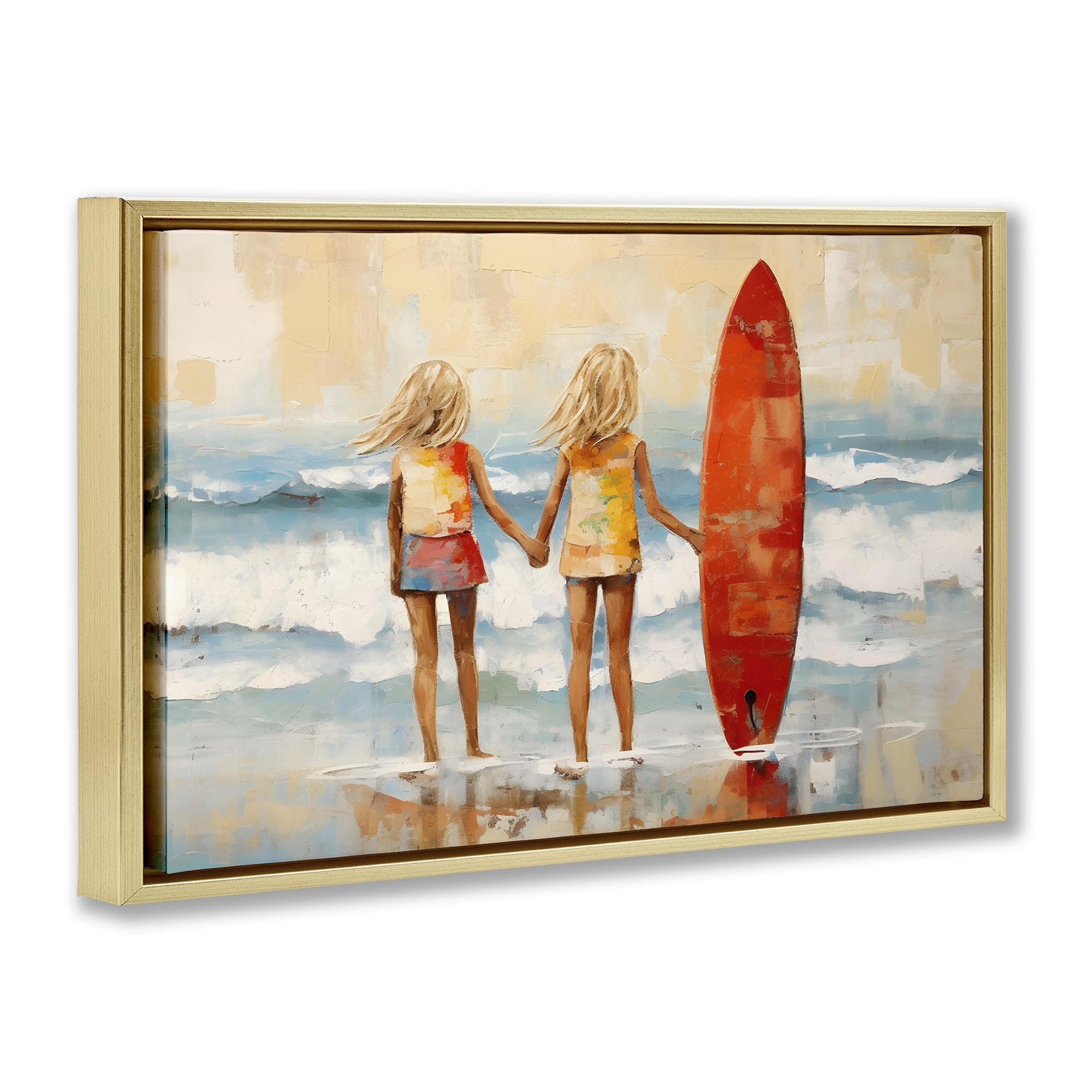Stupell Industries Kids & Beach Surfboard People Painting Gold Floater Framed Canvas Art Print Wall Art, 25 x 17