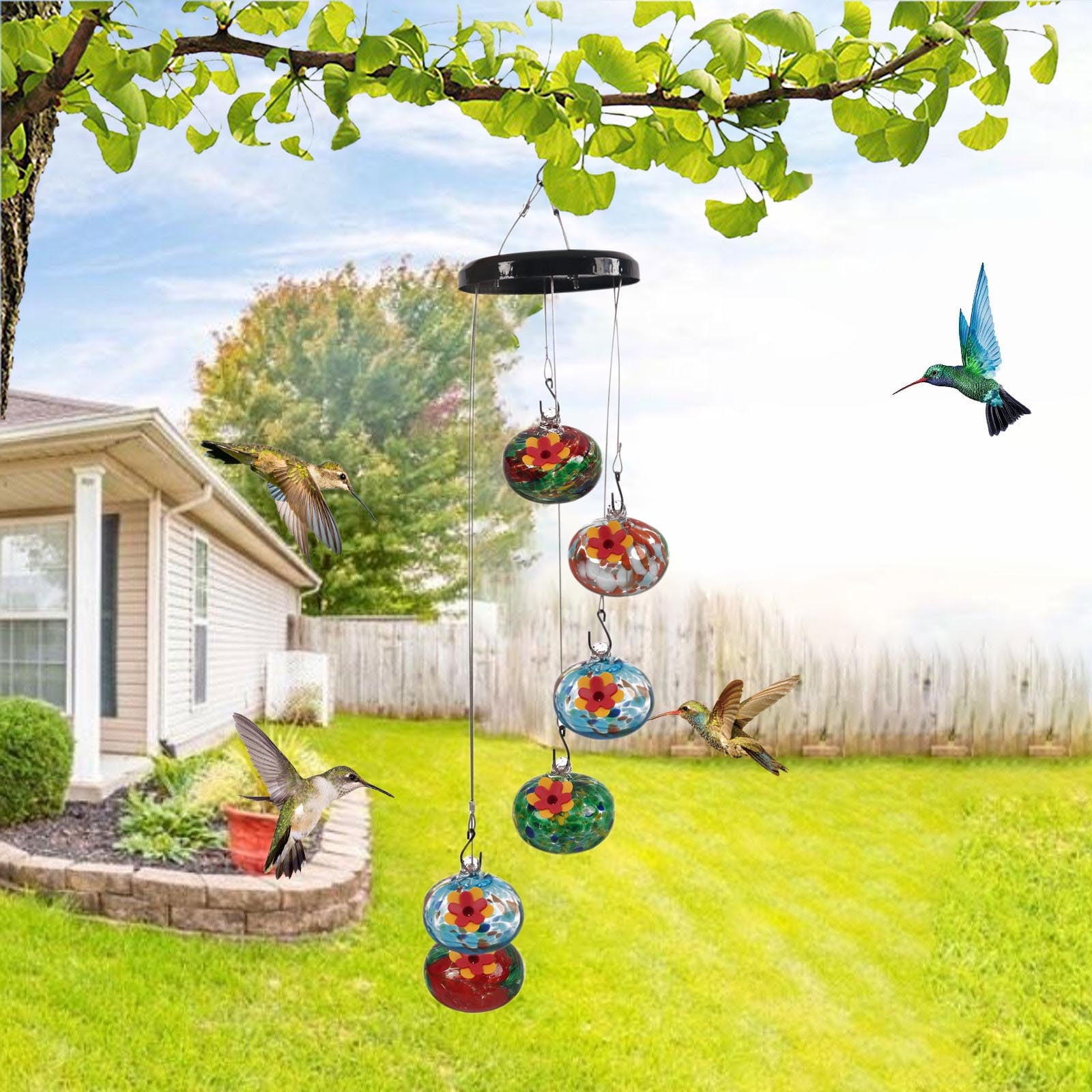 LHNFT Hummingbird Feeder for Outdoors Hanging Wind Chime Style with 6 Feeding Balls Leak-resistant design Globes with Silicone Flower Ports Unique Garden Decor Gift for Bird Lovers