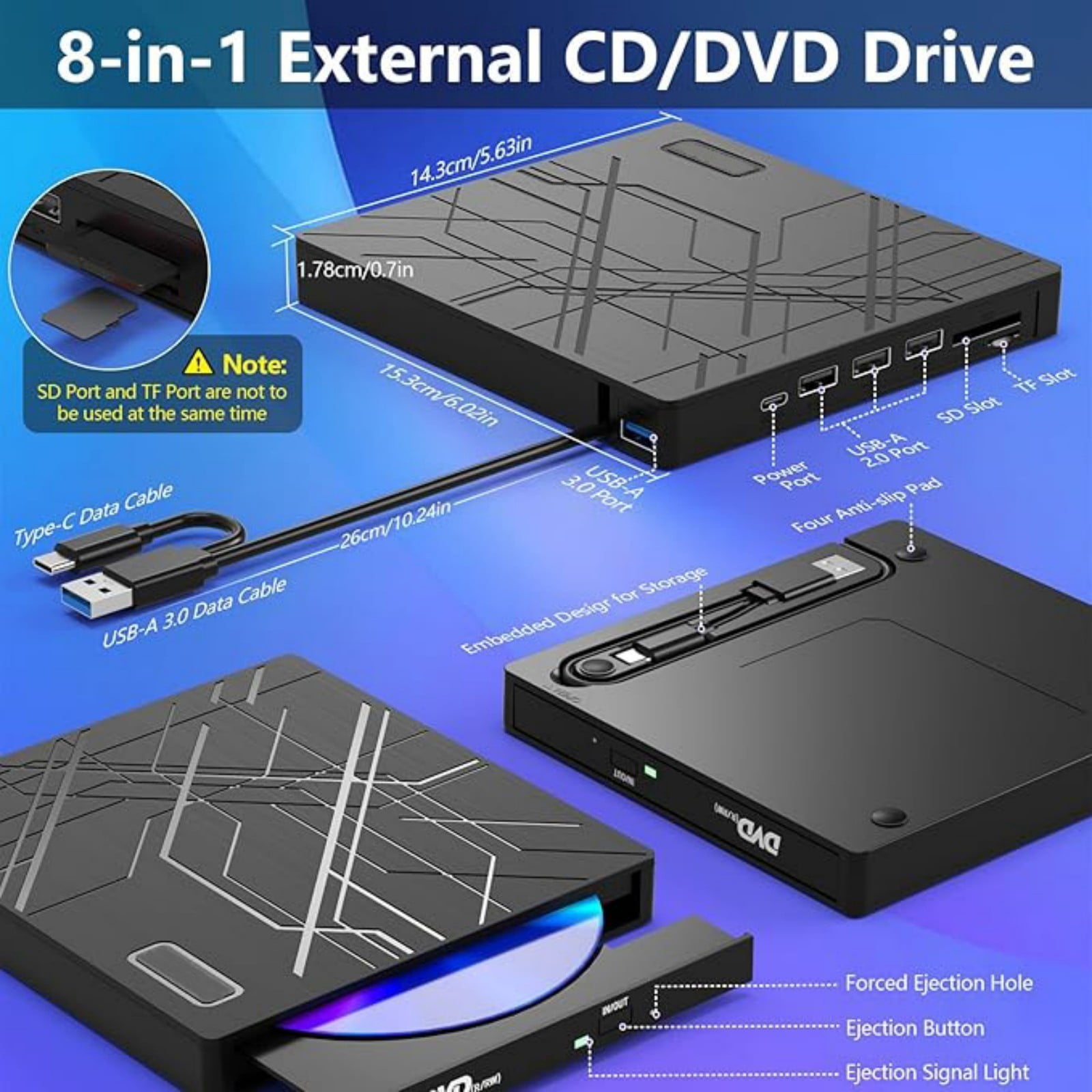 External Disc Drive With USB3.0 Type C Double Port Highly Speed Burning Brushed Texture For Computer Data Management