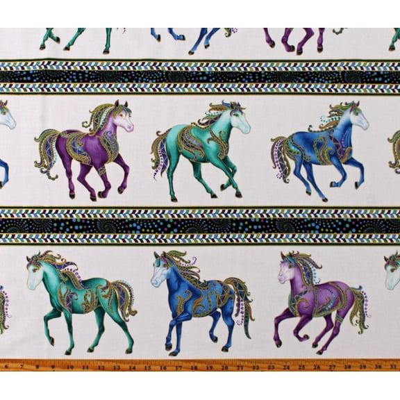 Cotton Horses Colorful Multi-Color Animals Gold Metallic Horsen Around White (4 Parallel Stripes) Cotton Fabric Print by the Yard (6851M-09)