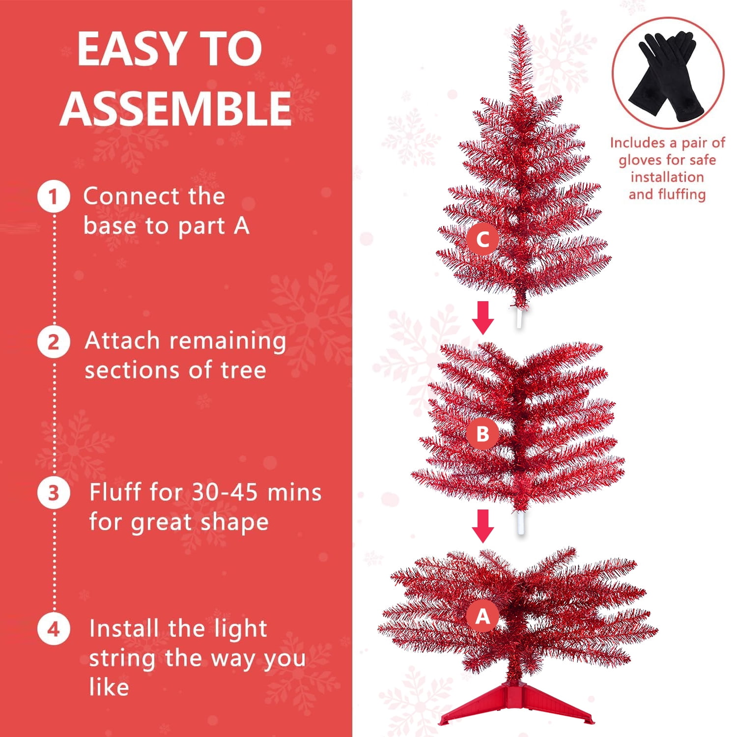 4 Ft Red Christmas Tree with 50 UL Lights, 122 PVC Tips, Prelit Artificial Holiday Tree for Indoor Decoration, Small Space, Tabletop, Apartment, or Office