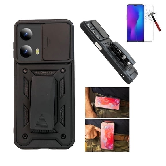 For Motorola Moto G Power 5G 2024 Case, Shockproof 360-Degree Rotating Belt Clip Kickstand Case with Sliding Camera Cover Tempered Glass (Black)