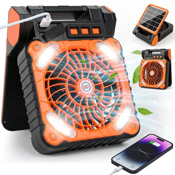 Ninonly Solar Powered Camping Fan, 12000mAh Portable Tent Fan with LED Light, 4 Speeds & 3 Timers, Usb Rechargeable Fan,Orange