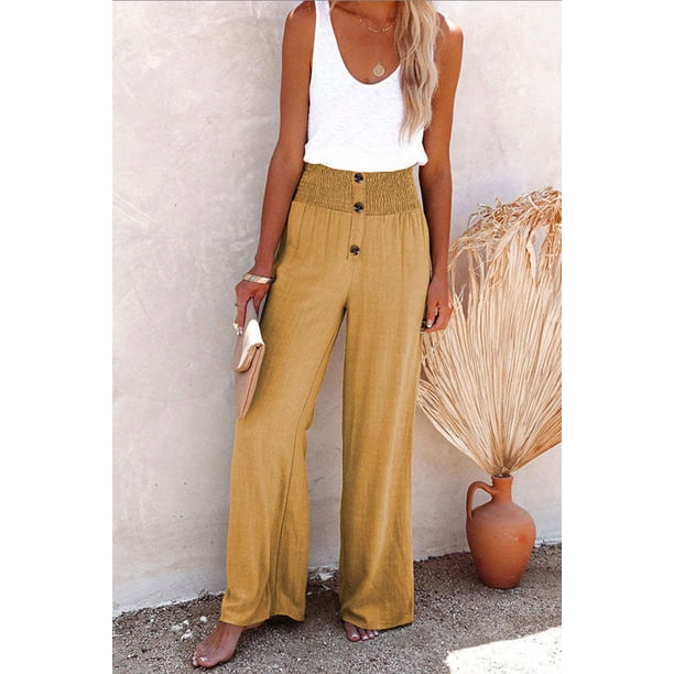 Pantalones anchos casuales, elásticos, de lino y algodón de color sólido para mujer de primavera y verano de estilo europeo y americano.