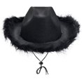 thumbnail image 4 of Sombreros de vaquero negros con plumas, sombrero de vaquera esponjoso para hombres y mujeres, sombrero de vestir de fiesta occidental de ala ancha de fieltro, 4 of 5