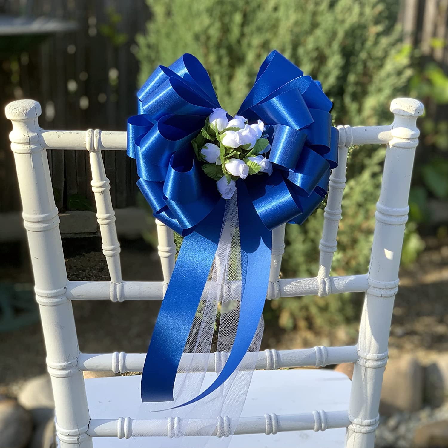 Blue Pull Bows with White Tulle Tails and Rosebuds - 8" Wide, Set of 6, Wedding Decor, Pew Bows, Reception, DIY, Anniversary