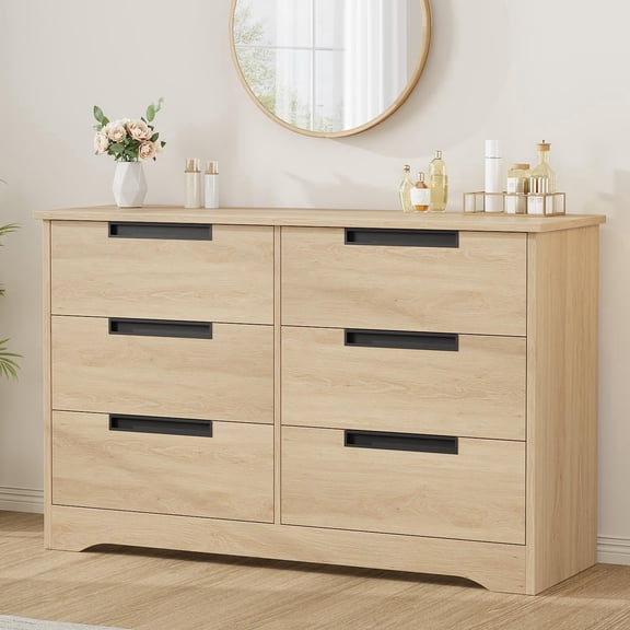 Walnut Brown 6 Drawer Dresser for Bedroom, Black Modern Chest of Drawers with Embedded Handles, Wooden Storage Organizer for Living Room Nursery Hallway, Anti-Tip Safety