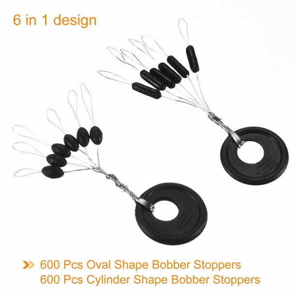 Unique Bargains Fishing Rubber Bobber Beads Stoppers, 1 Set/1200 Pieces 6 In 1 Float Sinker Stops Oval And Cylinder Shape L Size For Fishing Line, Bla