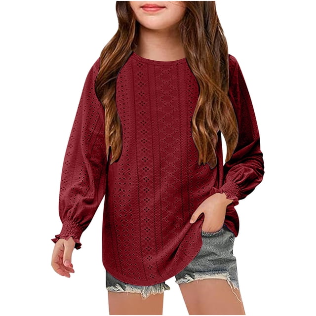 MeetoTime Chemises à Manches Longues Ajourées pour Filles de 4 à 16 Ans, Blouse Unie à Col Rond avec Poignets à Volants