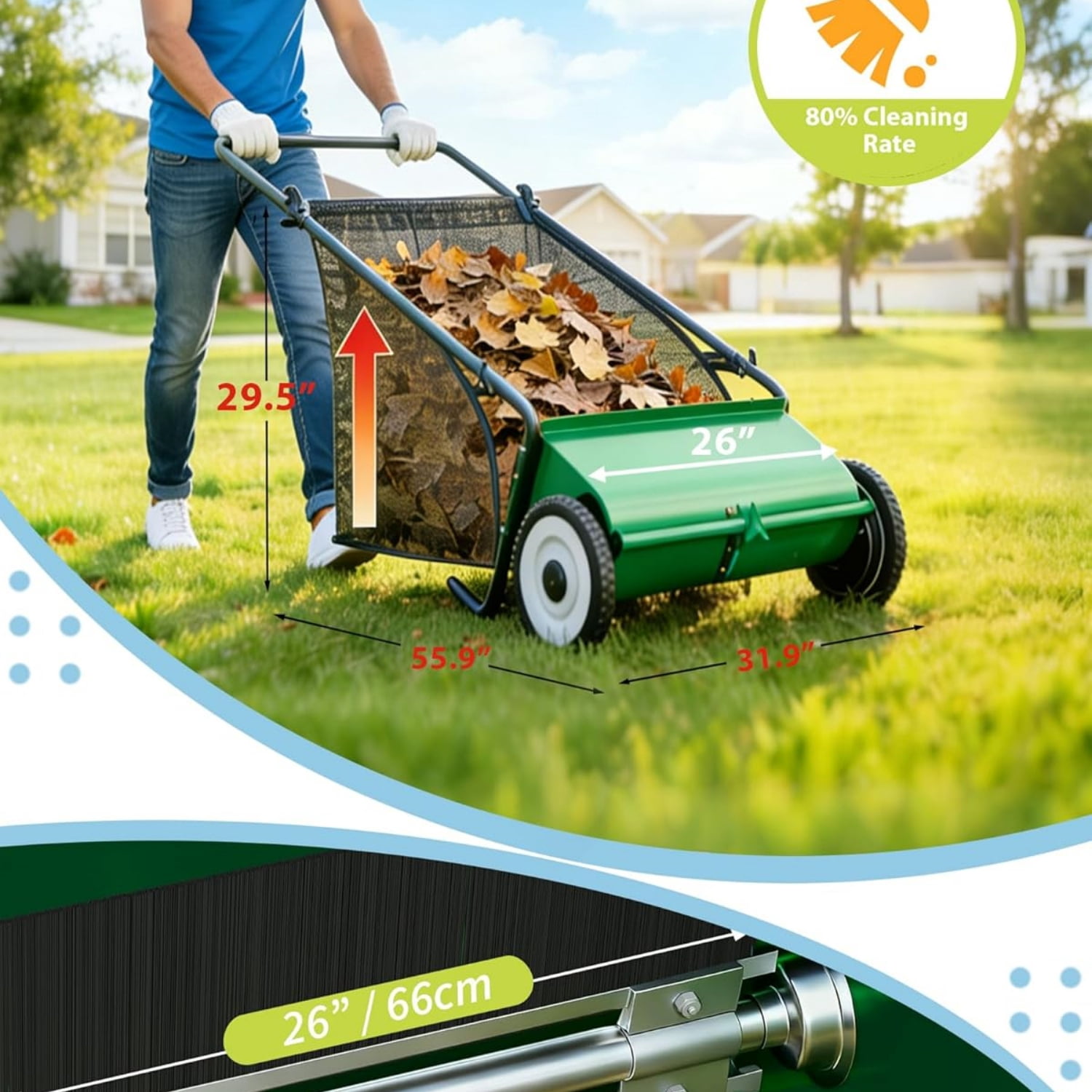 Riedhoff 26" Push Lawn Sweeper,4 Spinning Brushes, 7 Cu. Ft Capacity Collection Bag, Adjustable Height, Green