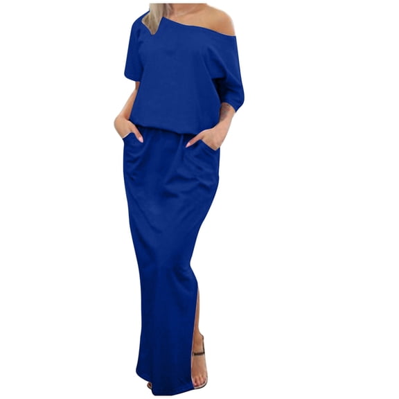 Lovskoo 2024 Women's Spring Summer Dress Cold Shoulder Casual Loose Long Dress Strapless Maxi Dress Short Sleeve Solid Color One Shoulder Sundresses Dark Blue M