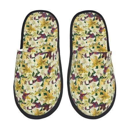 

Sigee Lilies Flowers for Cozy Furry Slippers Super Soft Indoor and Outdoor Use Non-Slip Sole Slip On House Slippers-Medium