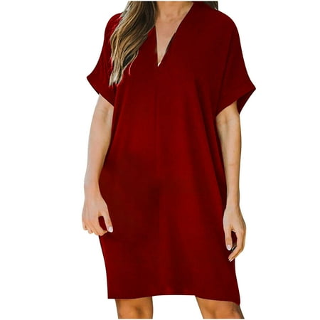 

Womens Summer Solid Color Butterfly Hollowing V-Neck Loose Dress