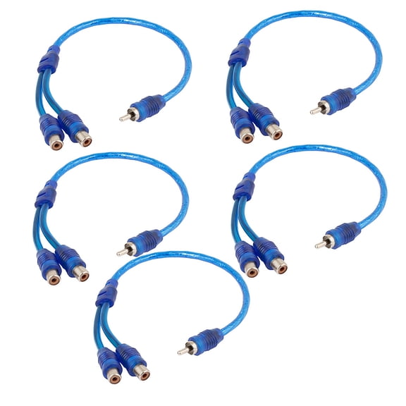 REGALWOVEN 5 Pcs Car Audio 2 RCA Female to 1 RCA Male Jacks Adapter Y Splitter Cable Wire Connector 12" Long Blue