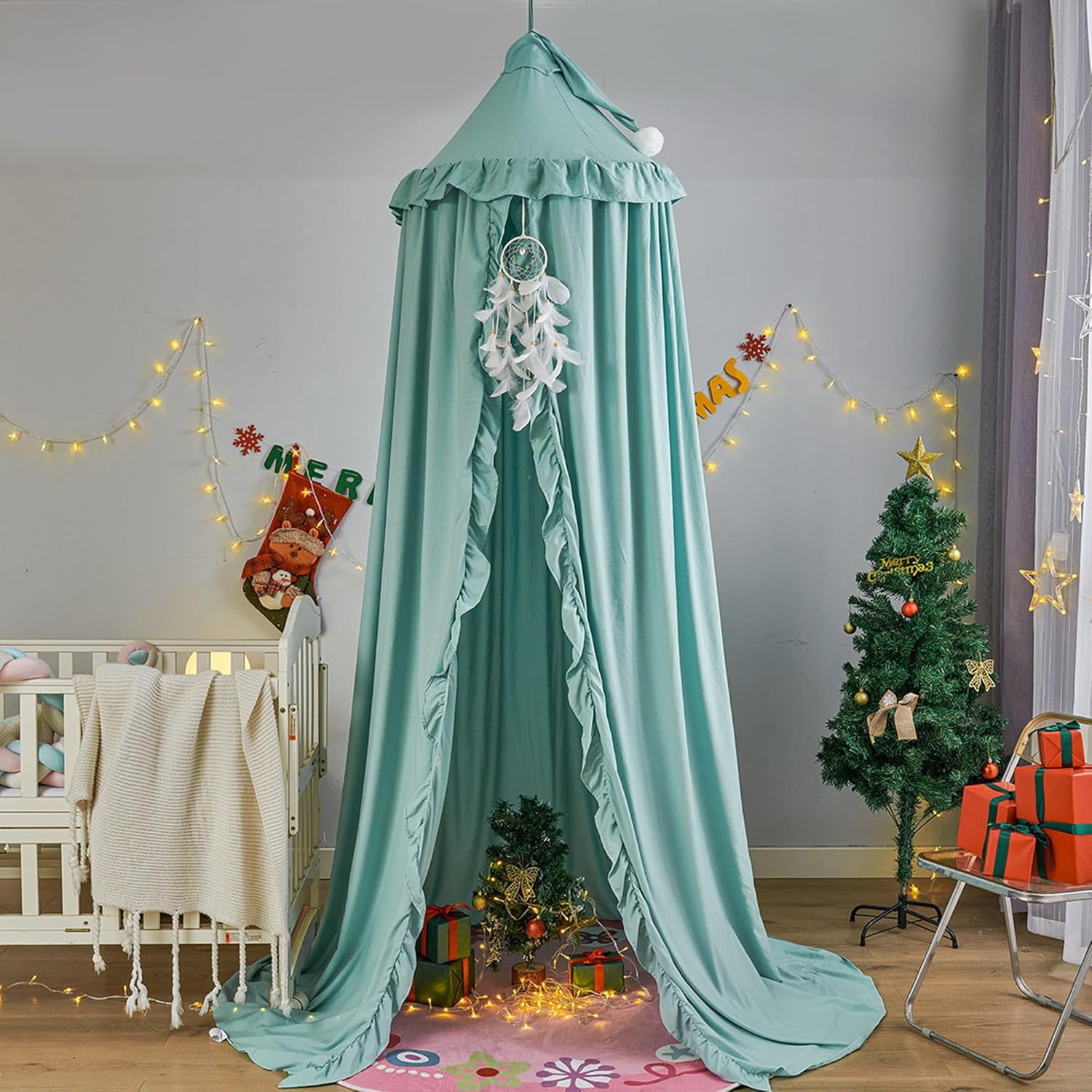 Bed Canopy for Girls,Princess Round Dome Dreamy Mosquito Net Bedding Girls Room Castle Play Tent Hanging House Decor Reading Nook Canopies (Green)