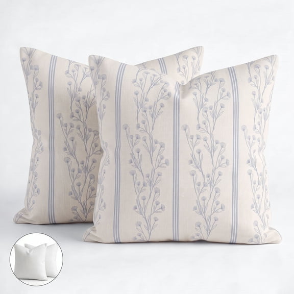 Lanbertent Decorative Throw Pillow, 2-Pack 18"x18" Linen Couch Pillows, Soft Floral Cushion for Sofa Living Room Bedroom, Blue (2-Pack Inserts Included)