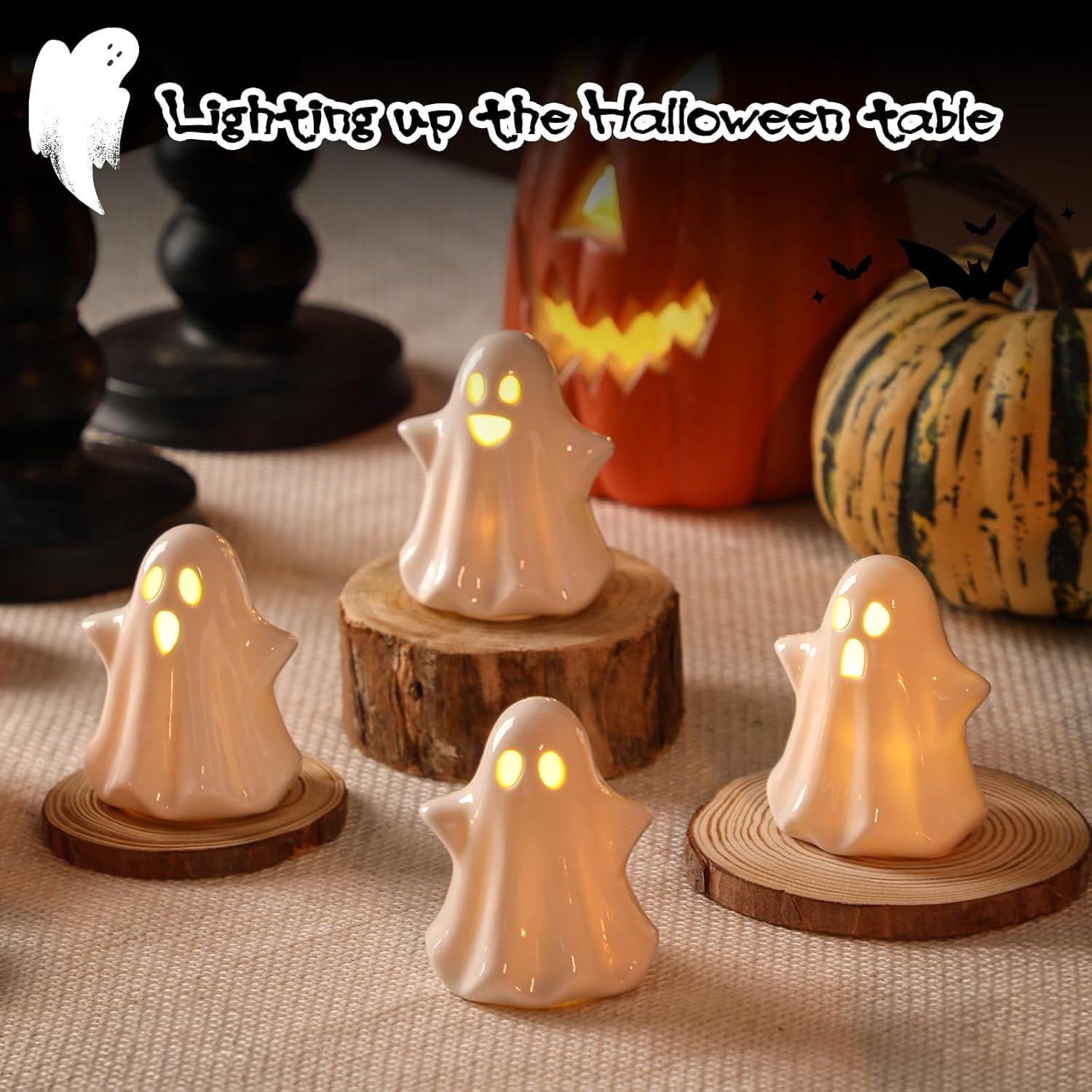 4 Pack Light Up Ceramic Ghost Figurines with LED for Halloween Decor