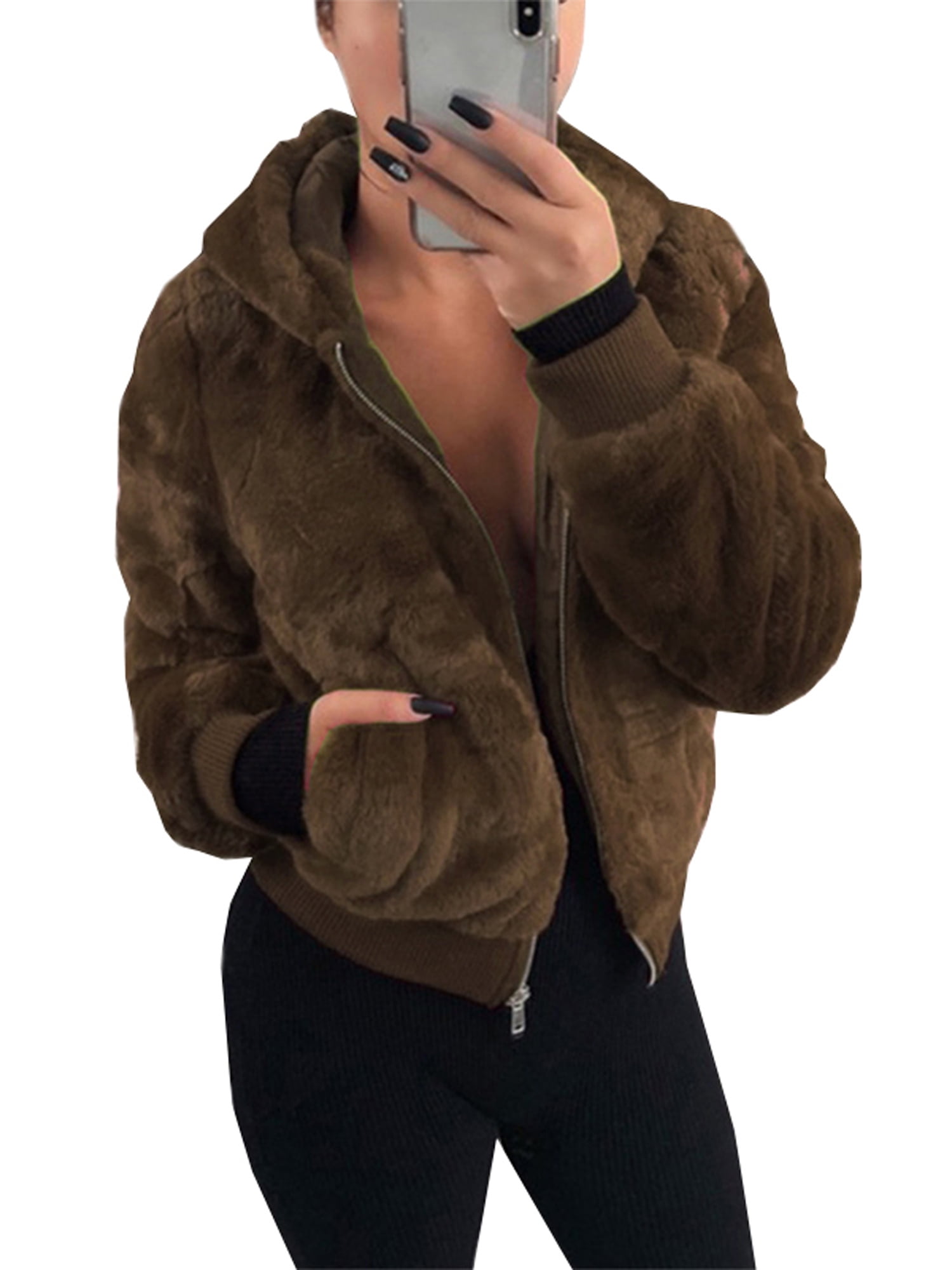short bomber jacket with fur hood