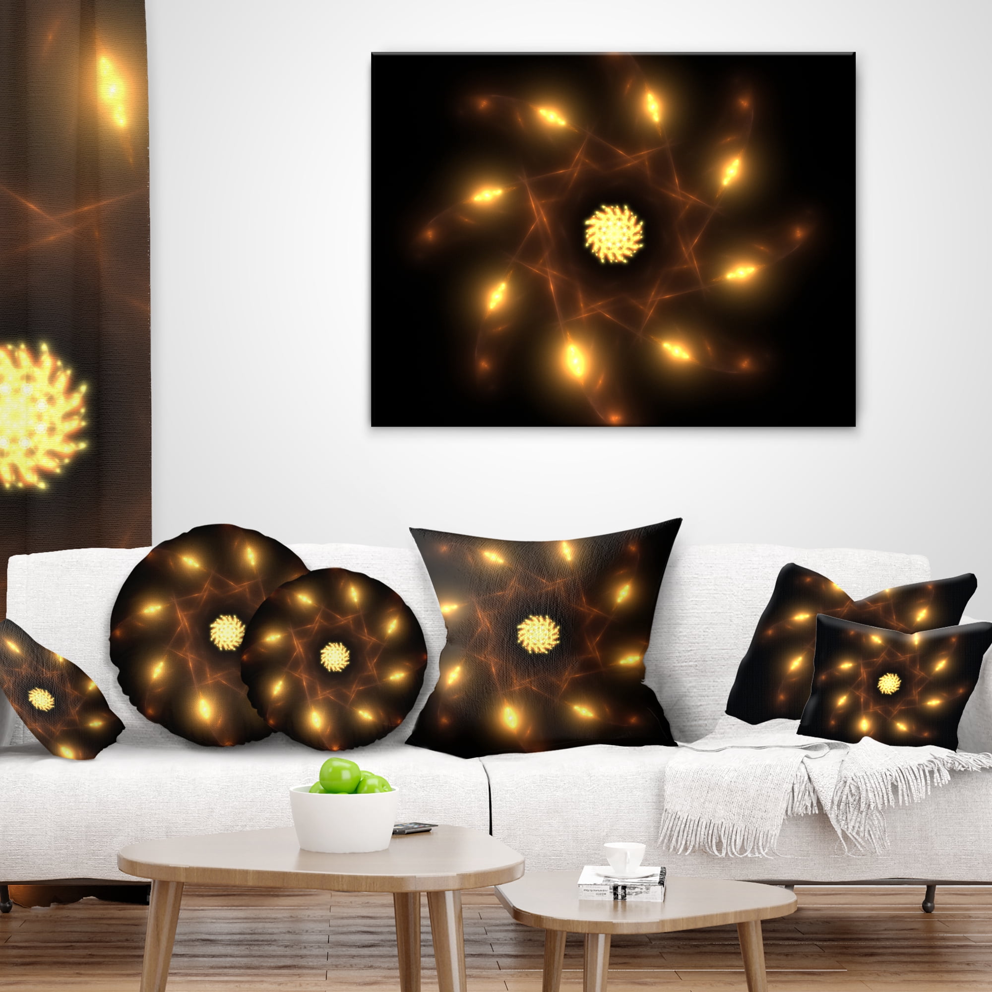 Designart Glowing Yellow Radial Fractal Flower Art - Floral Throw Pillow - 16x16