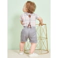 thumbnail image 3 of CARETOO Baby Boy Clothes Suit Romper Plaid Shirt Shorts Suspender Pants Formal Cotton Fabric 3pcs, 3 of 18