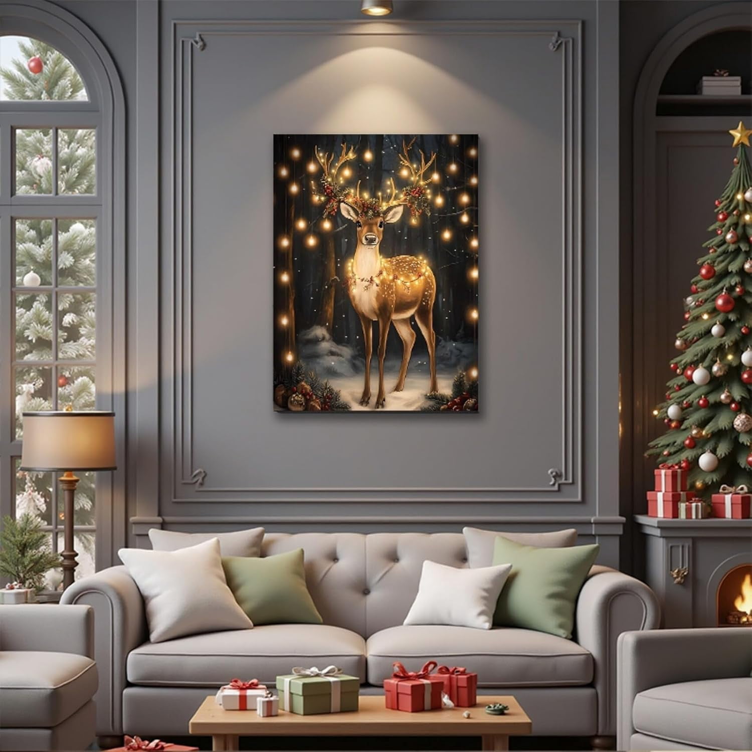 Christmas Reindeer Wall Art Framed, Cottage Winter Forest Wildlife Deer Picture Wall Decor, Rustic Xmas Cozy Winter Hanging Canvas Prints for Home Bedroom Living Room Decoration