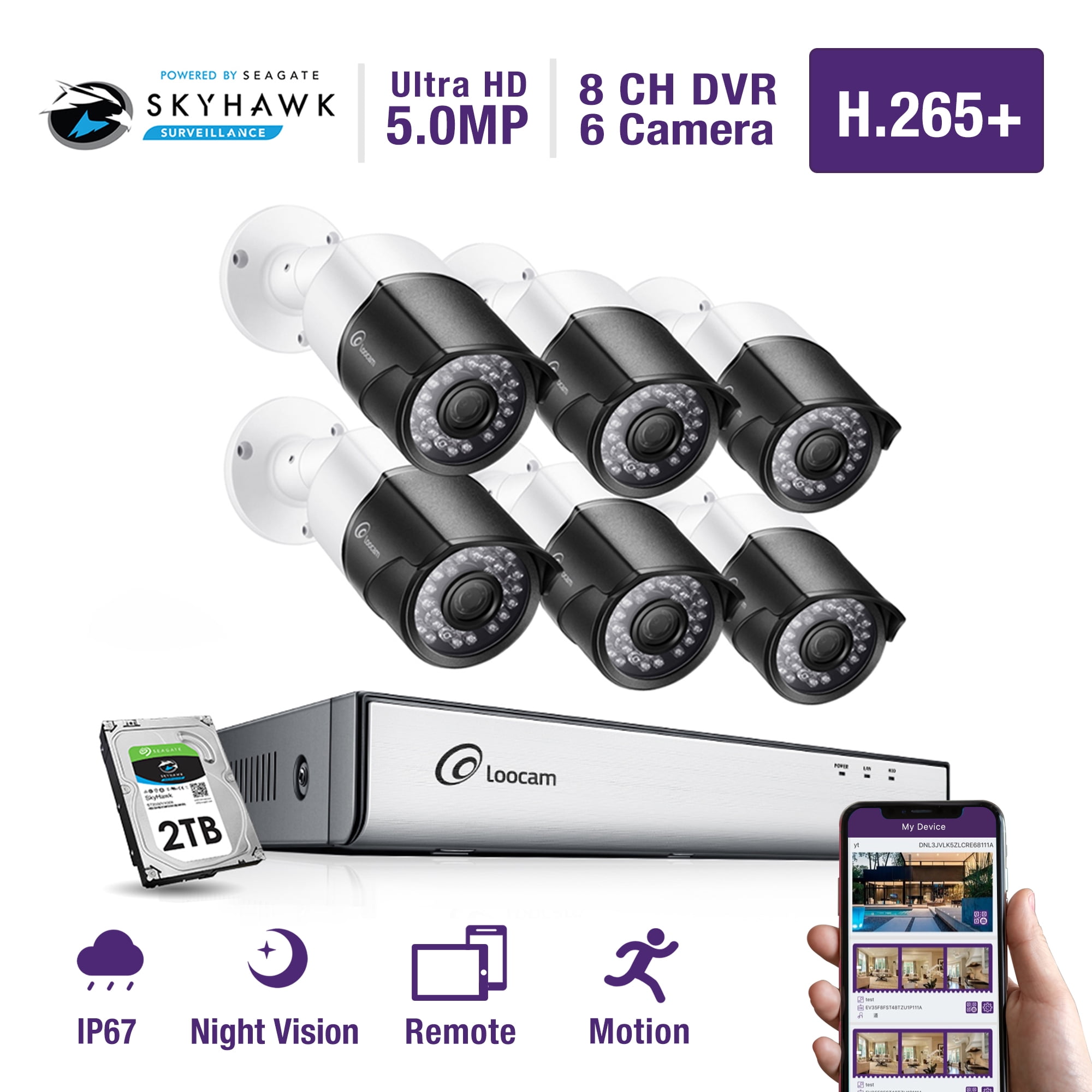 Loocam 5MP Security Camera System 8-Channel DVR w/ 2TB & 6 ...