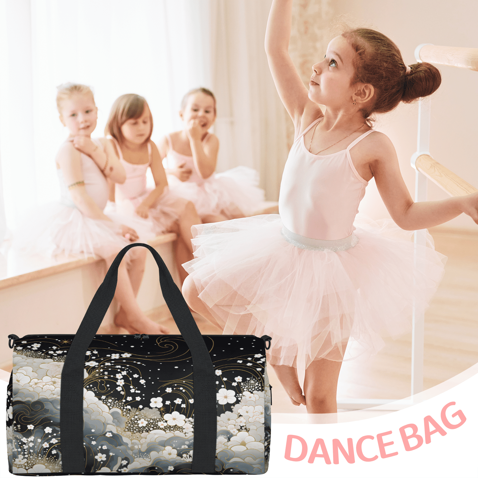 Herdesigns Floral Black White Gym Bag for Women, Duffle Bag for Travel Sport, Flowers Lightweight Waterproof Carry on Weekender Dance Yoga Workout Bags