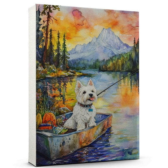 West Highland White Terrier Dog Canvas – Fishing Canvas Print of Funny West Highland White Terrier Dog Wall Art, Fishing Sports Wall Decor, Home Decor, Dog Lover