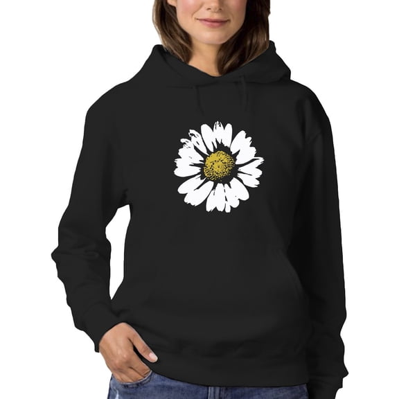 Smartprints Womens Graphic Hoodie Black - White Daisy Flower Cotton Blend Classic Fit