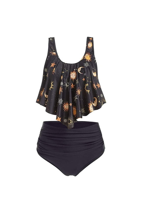 Women Sun Star Moon Bathing Suit Flounce High Waisted Bottom Swimsuit Two-Piece Bikini Swimwear