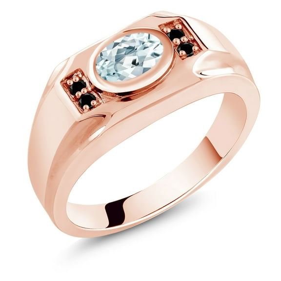 Gem Stone King Men's 18K Rose Gold Plated Silver Sky Blue Aquamarine and Black Diamond Ring (1.33 Cttw, Gemstone March Birthstone, Oval 8X6MM,, Size 9)