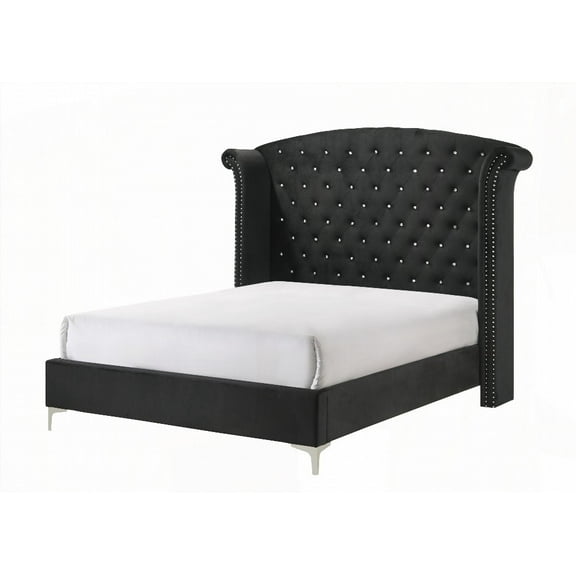 1pc Restonic Glam Upholstered Queen Bed with Button-Tufting & Wing Back Headboard|Nailhead Trim|Wood Metal Fabric Black