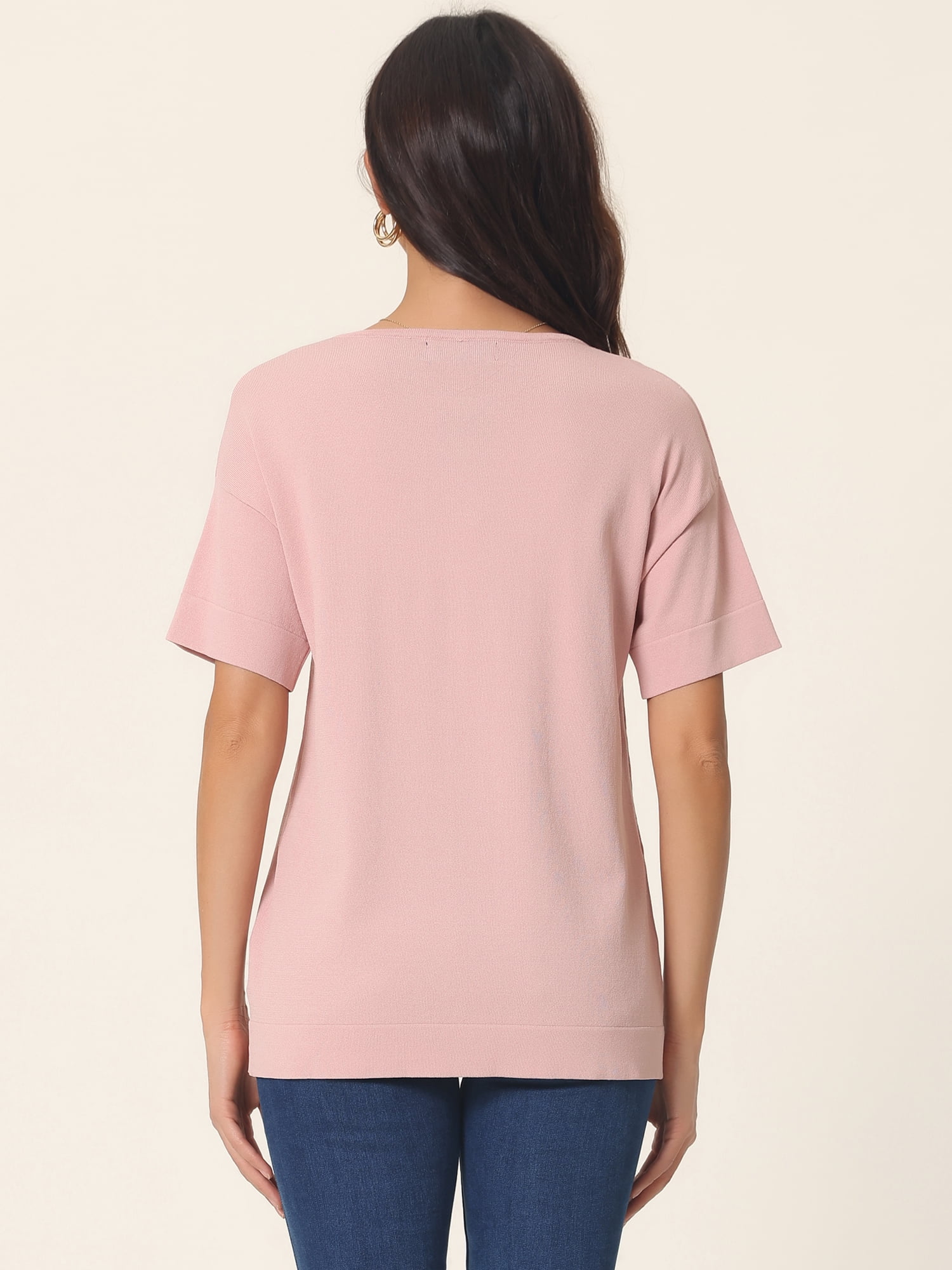 Unique Bargains Women's Short Sleeve T Shirts Basic Knit Tops Loose Solid Color Blouse S Pink