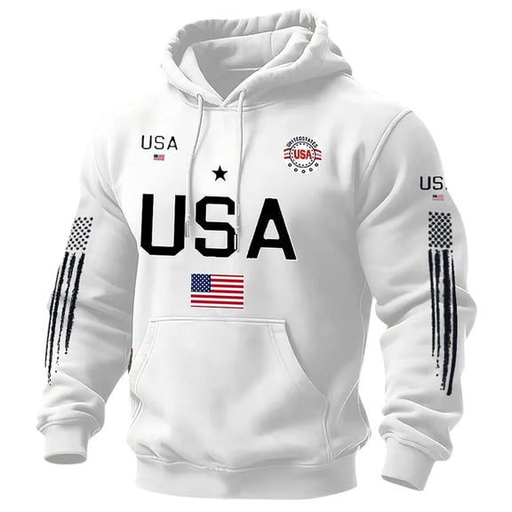 IWRICH USA Hoodie for Men Casual Graphic Patriotic American Flag Pullover Hoodie July 4th Drawstring Sweatshirt White XL