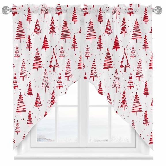 Christmas Tree Swag Curtain Valance for Windows, Retro Abstract Red Tree Texture Window Treatments Short Swag Topper for Kitchen Windows Bathroom Bedroom, 36"x63"
