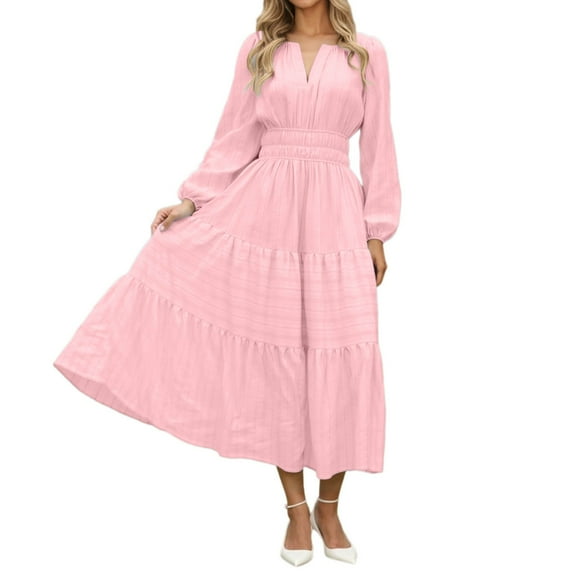 HJYCHN Elegant V-Neck Tiered Sleeve Tunic Dress for Women Soft Stretchy Flowy Long Sleeve Comfortable Daily Wear Stylish Fall Winter Outfit Pink S